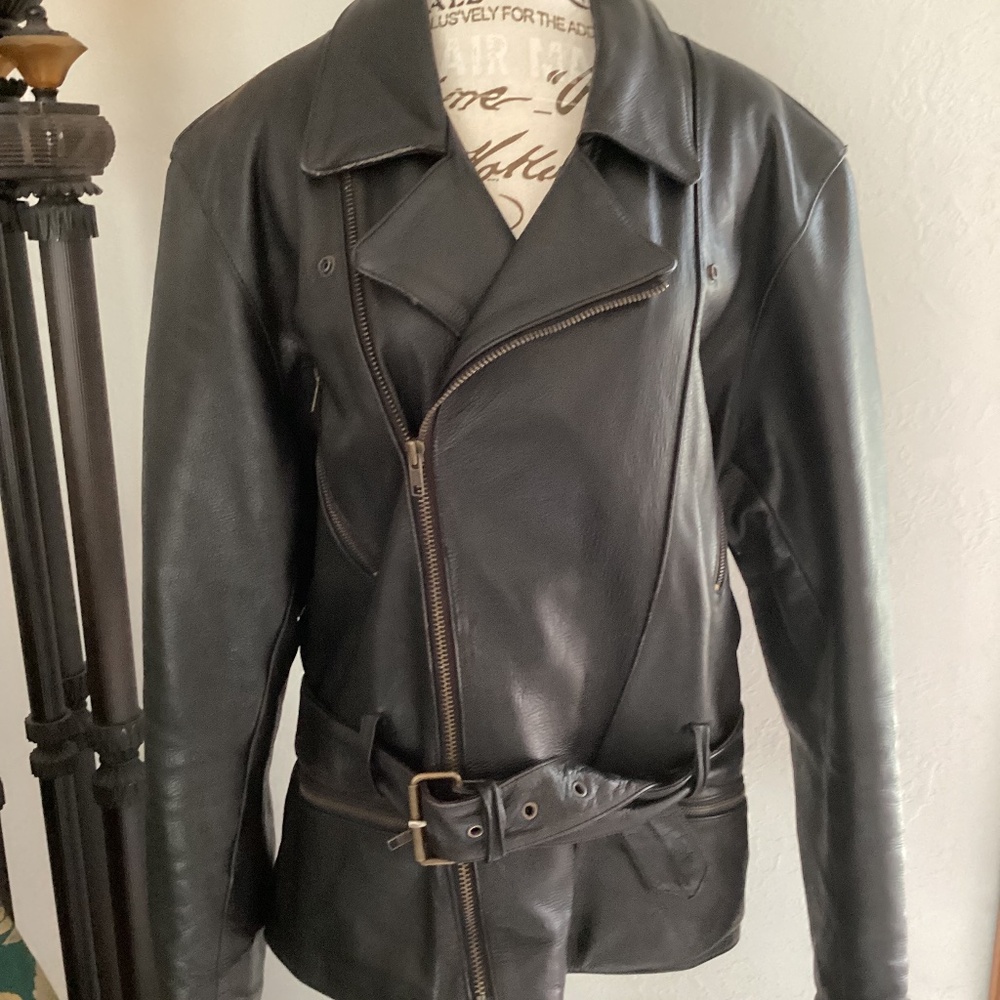 Vintage Hein Gericke Black Heavy Leather Waist Belt Gather Jacket